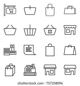 Thin line icon set : shop signboard, basket, shopping bag, delete cart, store, list, cashbox
