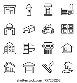 Thin line icon set : shop, tower, building, mall, minaret, warehouse, modern architecture, panel house, hotel, antique column, home, garage, scraper, housing