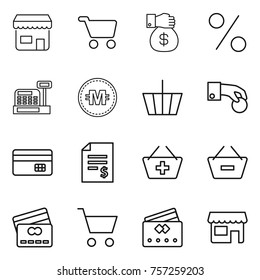Thin line icon set : shop, cart, money gift, percent, cashbox, crypto currency, basket, hand coin, credit card, account balance, add to, remove from