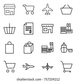 Thin line icon set : shop, cart, plane, basket, account balance, store, shopping bag, mall, port