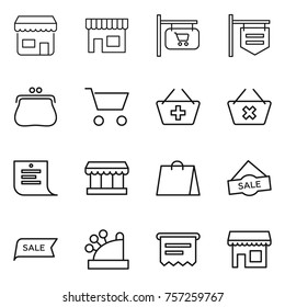 Thin line icon set : shop, signboard, purse, cart, add to basket, delete, shopping list, market, bag, sale, cashbox, atm receipt
