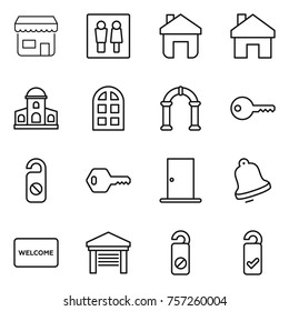 Thin line icon set : shop, wc, home, mansion, arch window, key, do not distrub, door, bell, welcome mat, garage, please clean
