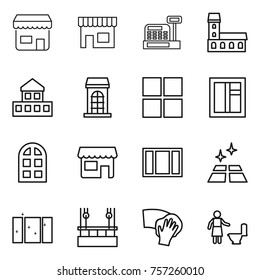 Thin line icon set : shop, cashbox, mansion, cottage, building, window, arch, clean floor, skysrcapers cleaning, wiping, toilet