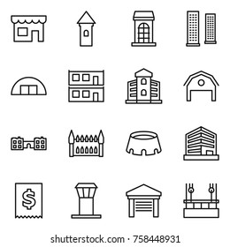 Thin line icon set : shop, tower, building, skyscrapers, hangare, modular house, barn, school, gothic architecture, stadium, office, tax, airport, garage, skysrcapers cleaning