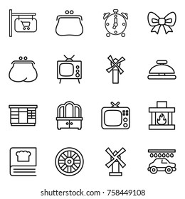 Thin line icon set : shop signboard, purse, alarm clock, bow, tv, windmill, service bell, wardrobe, dresser, fireplace, cooking book, wheel, car wash