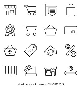 Thin Line Icon Set : Shop, Cart, Signboard, Shopping Bag, Medal, Basket, Credit Card, Add To, Sale Label, Percent, Bar Code, Cashbox, Hanger