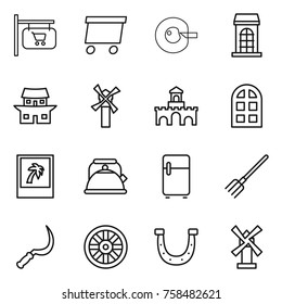 Thin line icon set : shop signboard, delivery, cell corection, building, japanese house, windmill, fort, arch window, photo, kettle, fridge, fork, sickle, wheel, horseshoe