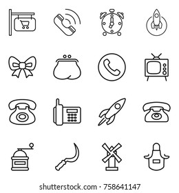 Thin line icon set : shop signboard, call, alarm clock, rocket, bow, purse, phone, tv, hand mill, sickle, windmill, apron