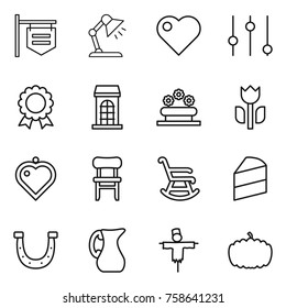Thin line icon set : shop signboard, table lamp, heart, equalizer, medal, building, flower bed, perishable, pendant, chair, rocking, cake, horseshoe, jug, scarecrow, pumpkin