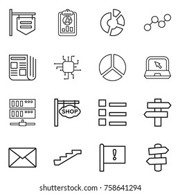 Thin line icon set : shop signboard, report, circle diagram, graph, newspaper, chip, notebook, server, list, singlepost, mail, stairs, important flag, signpost