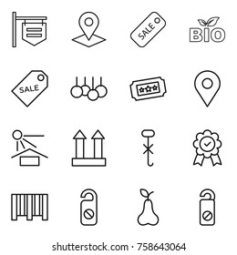 Thin line icon set : shop signboard, pointer, sale, bio, label, ticket, geo pin, sun potection, cargo top sign, do not hook, medal, bar code, distrub, pear