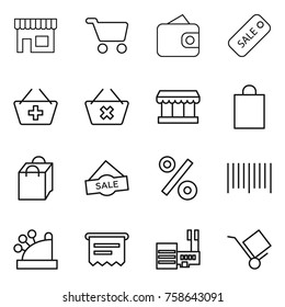 Thin line icon set : shop, cart, wallet, sale, add to basket, delete, market, shopping bag, percent, bar code, cashbox, atm receipt, mall, trolley
