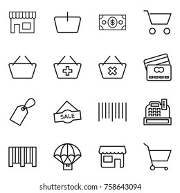 Thin line icon set : shop, basket, money, cart, add to, delete, credit card, label, sale, bar code, cashbox, parachute delivery