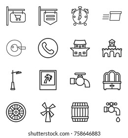 Thin line icon set : shop signboard, alarm clock, delivery, cell corection, phone, japanese house, fort, outdoor light, photo, water tap, dresser, wheel, windmill, barrel