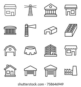 Thin line icon set : shop, lighthouse, library, airport building, warehouse, brick, barn, stadium, office, home, garage, factory