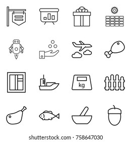 Thin line icon set : shop signboard, presentation, gift, sun power, jet robot, chemical industry, journey, chicken leg, window, sea shipping, heavy, fence, fish, mortar, acorn