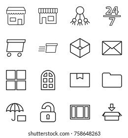 Thin line icon set : shop, share, 24 7, delivery, box, mail, window, arch, package, documents, insurance, unlocked