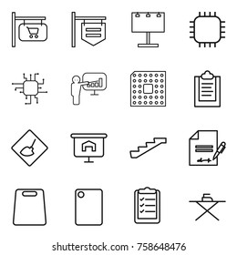 Thin line icon set : shop signboard, billboard, chip, presentation, cpu, clipboard, under construction, stairs, inventory, cutting board, list, iron