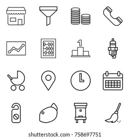 Thin line icon set : shop, funnel, coin stack, phone, statistics, abacus, pedestal, spark plug, baby stroller, geo pin, clock, calendar, do not disturb, lemon, hive, broom