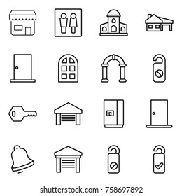 Thin line icon set : shop, wc, mansion, house with garage, door, arch window, do not disturb, key, fridge, bell, please clean