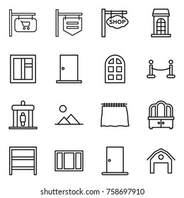 Thin line icon set : shop signboard, building, window, door, arch, vip fence, detector, landscape, curtain, dresser, rack, barn