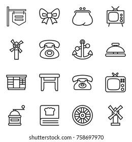 Thin line icon set : shop signboard, bow, purse, tv, windmill, phone, anchor, service bell, wardrobe, stool, hand mill, cooking book, wheel