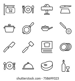 Thin line icon set : shop signboard, cafe, restaurant, cutting board, pan, skimmer, chef knife, meat hammer, cooking book, plates, fork spoon plate, meal cap, steake, wine