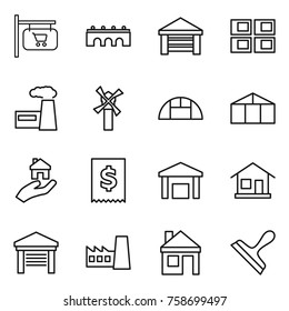 Thin line icon set : shop signboard, bridge, garage, panel house, factory, windmill, greenhouse, real estate, tax, warehouse, home, scraper
