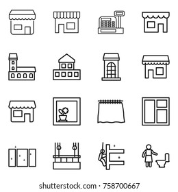 Thin line icon set : shop, cashbox, mansion, cottage, building, flower in window, curtain, clean, skysrcapers cleaning, skyscrapers, toilet