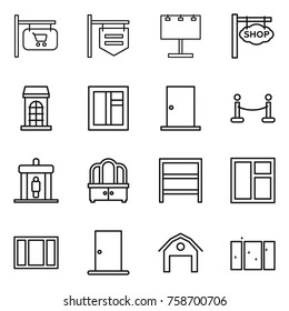 Thin line icon set : shop signboard, billboard, building, window, door, vip fence, detector, dresser, rack, barn, clean