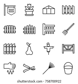 Thin line icon set : shop signboard, flower, greenhouse, fence, watering, fork, pear, scarecrow, farm, sow, pruner, rake, bucket