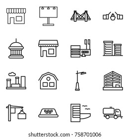 Thin line icon set : shop, billboard, bridge, drawbridge, goverment house, mall, district, city, outdoor light, office, loading, taxi, hotel, sweeper