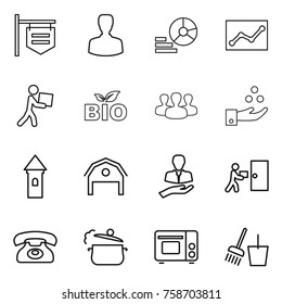 Thin line icon set : shop signboard, man, diagram, statistics, courier, bio, group, chemical industry, tower, barn, client, delivery, phone, steam pan, grill oven, bucket and broom