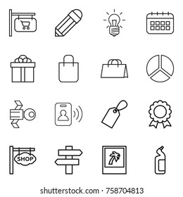 Thin line icon set : shop signboard, pencil, bulb, calendar, gift, shopping bag, diagram, satellite, pass card, label, medal, singlepost, photo, toilet cleanser