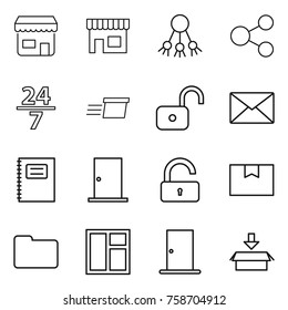 Thin line icon set : shop, share, 24 7, delivery, unlock, mail, copybook, door, package box, documents, window