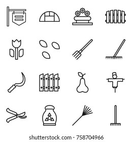 Thin line icon set : shop signboard, greenhouse, flower bed, fence, perishable, seeds, fork, rake, sickle, pear, scarecrow, pruner, fertilizer
