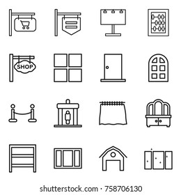 Thin line icon set : shop signboard, billboard, abacus, window, door, arch, vip fence, detector, curtain, dresser, rack, barn, clean