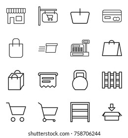 Thin line icon set : shop, signboard, basket, card, shopping bag, delivery, cashbox, atm receipt, heavy, pallet, cart, rack, package