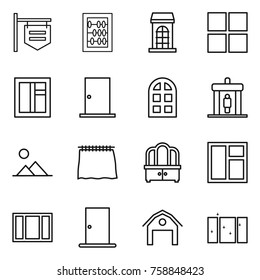 Thin line icon set : shop signboard, abacus, building, window, door, arch, detector, landscape, curtain, dresser, barn, clean