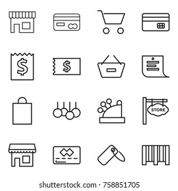 Thin line icon set : shop, card, cart, credit, receipt, remove from basket, shopping list, bag, sale, cashbox, store signboard, label, bar code