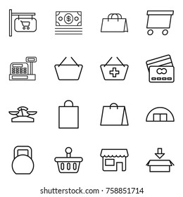 Thin line icon set : shop signboard, money, shopping bag, delivery, cashbox, basket, add to, credit card, scales, hangare, heavy, package