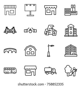 Thin line icon set : shop, billboard, store, bridge, drawbridge, modern architecture, building, house, outdoor light, office, bus, sweeper, garden cleaning