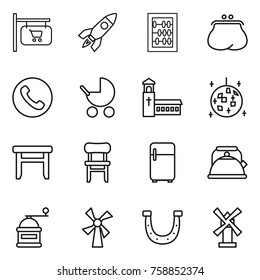 Thin line icon set : shop signboard, rocket, abacus, purse, phone, baby stroller, church, disco ball, stool, chair, fridge, kettle, hand mill, windmill, horseshoe
