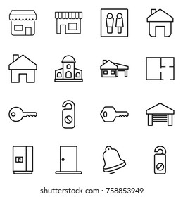 Thin line icon set : shop, wc, home, mansion, house with garage, plan, key, do not distrub, fridge, door, bell