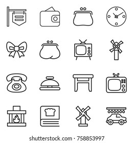 Thin line icon set : shop signboard, wallet, purse, clock, bow, tv, windmill, phone, service bell, stool, fireplace, cooking book, car wash