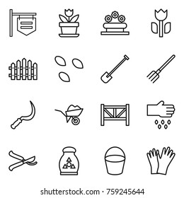 Thin line icon set : shop signboard, flower, bed, perishable, fence, seeds, shovel, fork, sickle, wheelbarrow, farm, sow, pruner, fertilizer, bucket, gloves