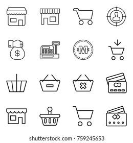 Thin line icon set : shop, cart, target audience, money gift, cashbox, crypto currency, add to, basket, remove from, delete, credit card