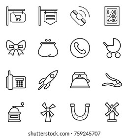 Thin line icon set : shop signboard, call, abacus, bow, purse, phone, baby stroller, rocket, kettle, walnut crack, hand mill, windmill, horseshoe