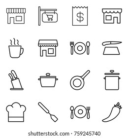 Thin line icon set : shop, signboard, receipt, hot drink, cafe, cutting board, stands for knives, pan, cook hat, spatula, fork spoon plate, pepper