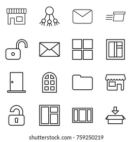 Thin line icon set : shop, share, mail, delivery, unlock, window, door, arch, documents, unlocked, package